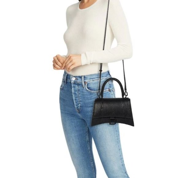 Balenciaga Small Hourglass Viper-Embossed Leather Top Handle Crossbody Bag Black - Picture 4 of 14